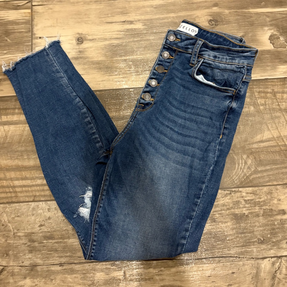 Cello Distressed Button Fly Skinny Jeans